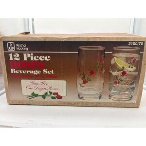VTG Anchor Hocking 12 Piece Roses Beverage Set Red Climbing Rose 12oz